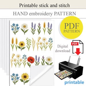 PDF Stick and stitch hand embroidery design, water soluble paper, Printable stick and stitch, floral design embroidery, DIY handmade gift