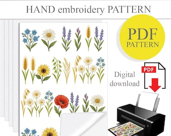 PDF Stick und Stitch Handstickerei, wasserlösliches Papier, Printable Stick und Stitch, Blumenmuster Stickerei, DIY handgemachtes Geschenk