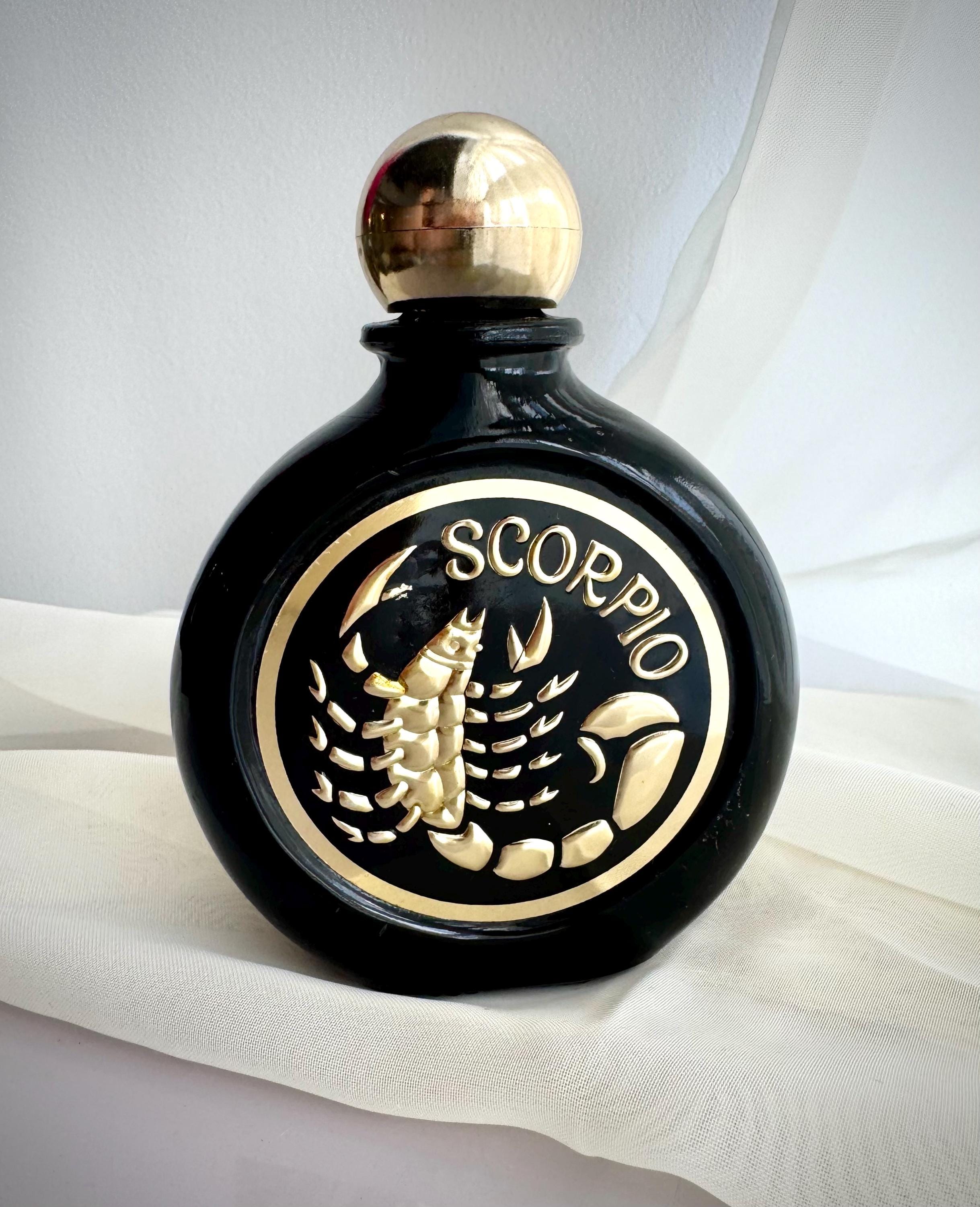 70s Avon Scorpio Zodiac Decanter | Vintage Black & Gold Astrology Bottle | 1970s Horoscope Decor | Partial Original Fragrance
