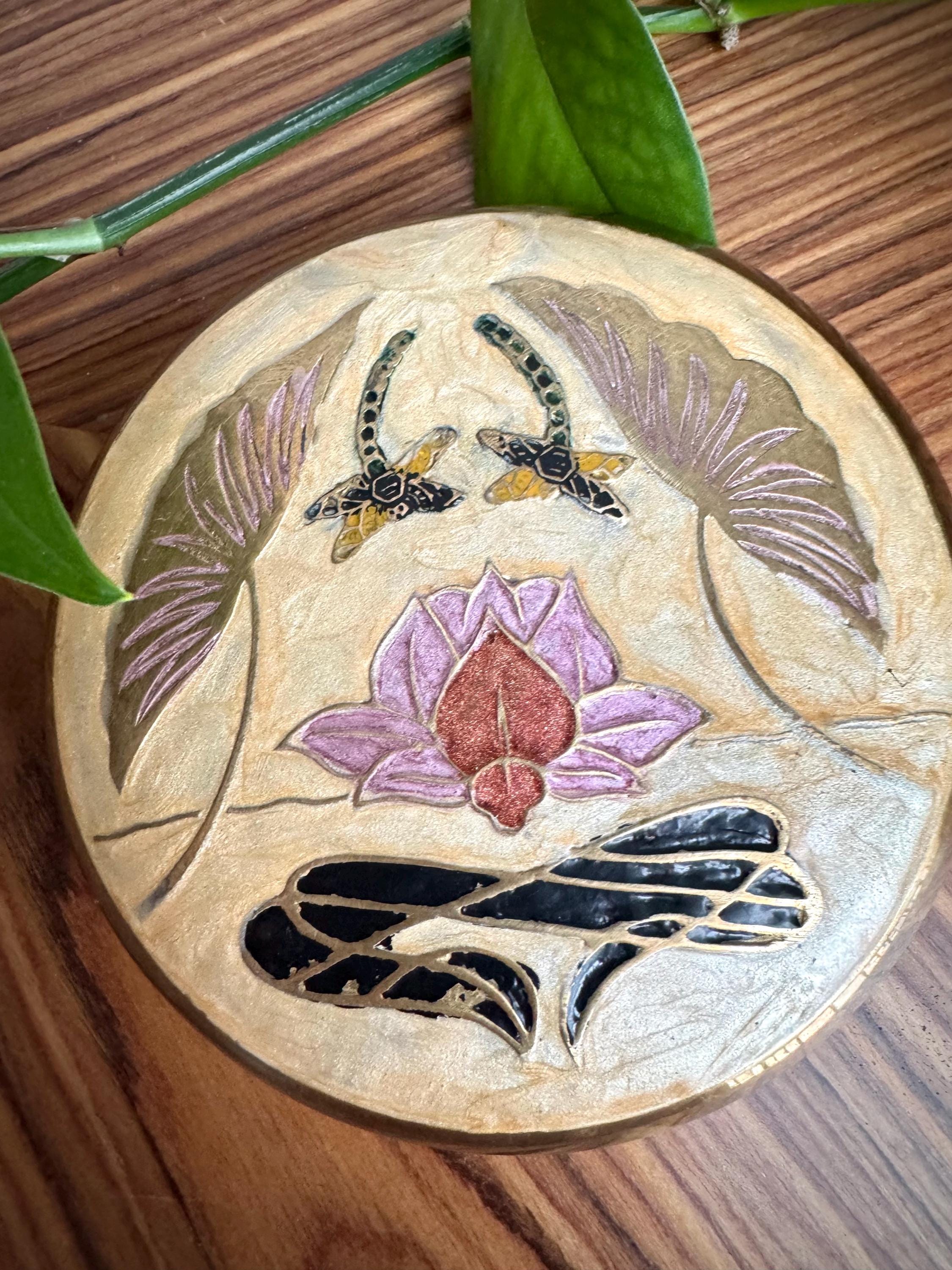Vintage Brass Trinket Box: Mid Century Enamel Floral Ring Holder
