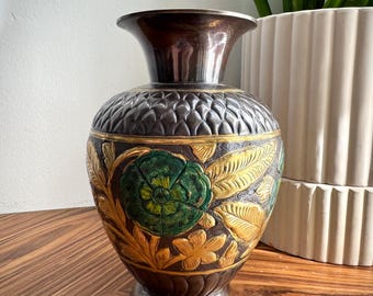Vintage Brass Vase Floral Design – 8” Green & Gold Boho Home Decor
