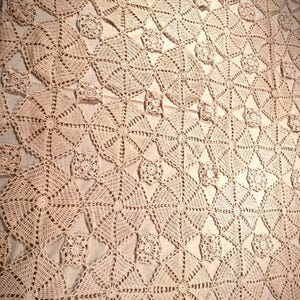 May include: A beige crochet blanket featuring a repeating pattern of large circular motifs connected by smaller square accents. The intricate needlework creates a textured, openwork design throughout the entire textile piece, showcasing a uniform light tan colour and consistent yarn construction.