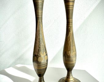 Vintage Brass Bud Vases - Pair | Etched Floral Brass Shelf Decor