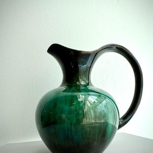 Vintage Blue Mountain Pottery Pitcher: Large Green Drip Glaze Ceramic Jug