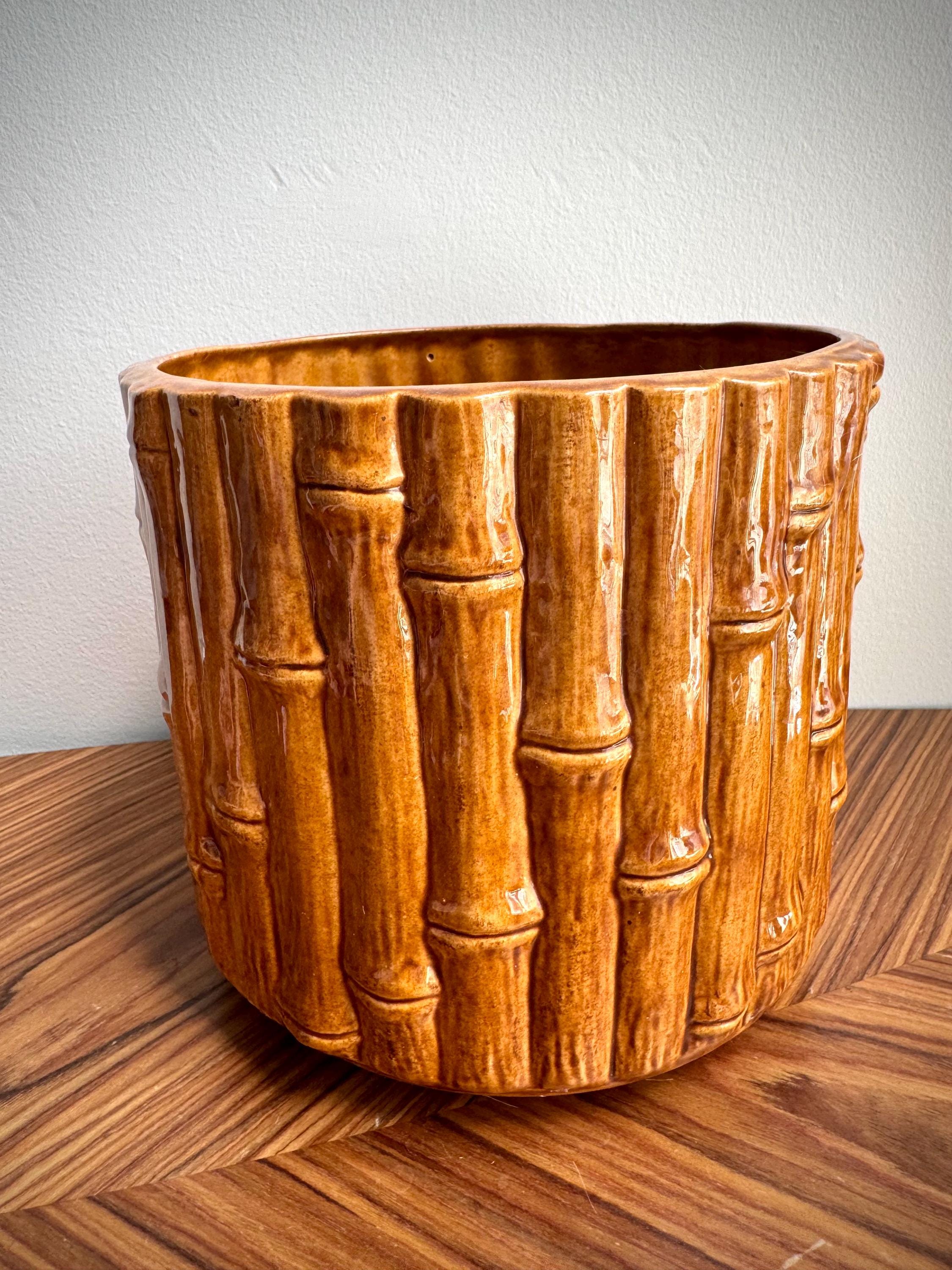 60s Faux Bamboo Ceramic Planter – Vintage 8” Glazed Pottery Plant Pot – Tiki, Boho, or Hollywood Regency Decor