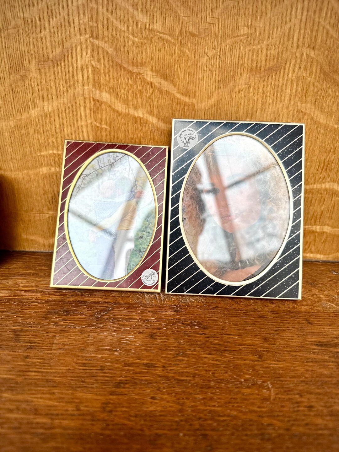 Vintage Metal Photo Frames Set | Burgundy & Black Stripe Oval Frames ...