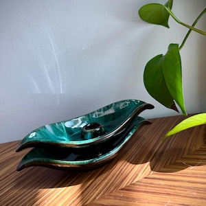 Blue Mountain Pottery Leaf Candle Holders: Emerald Drip Glaze, Canadian Pottery