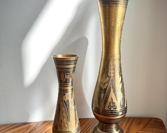 Etched Floral Brass Vases: Vintage Boho Shelf Decor - Indian Pair