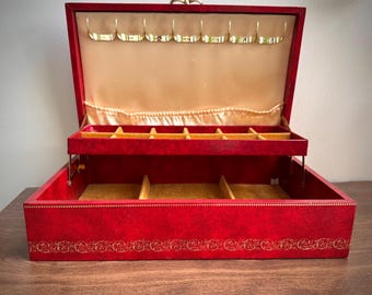 Vintage Red Jewellery Box | Midcentury | Gold Trim, Necklace Hooks