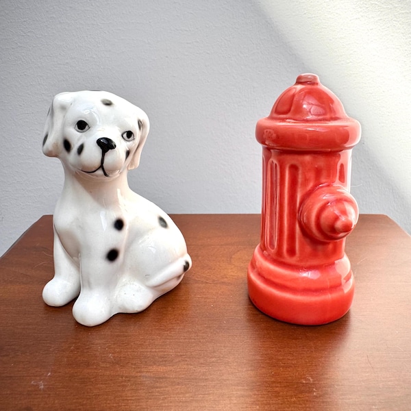 Vintage Dalmatian Dog Fire Hydrant Salt Pepper Shakers | Kitsch Ceramic Kitchen Decor