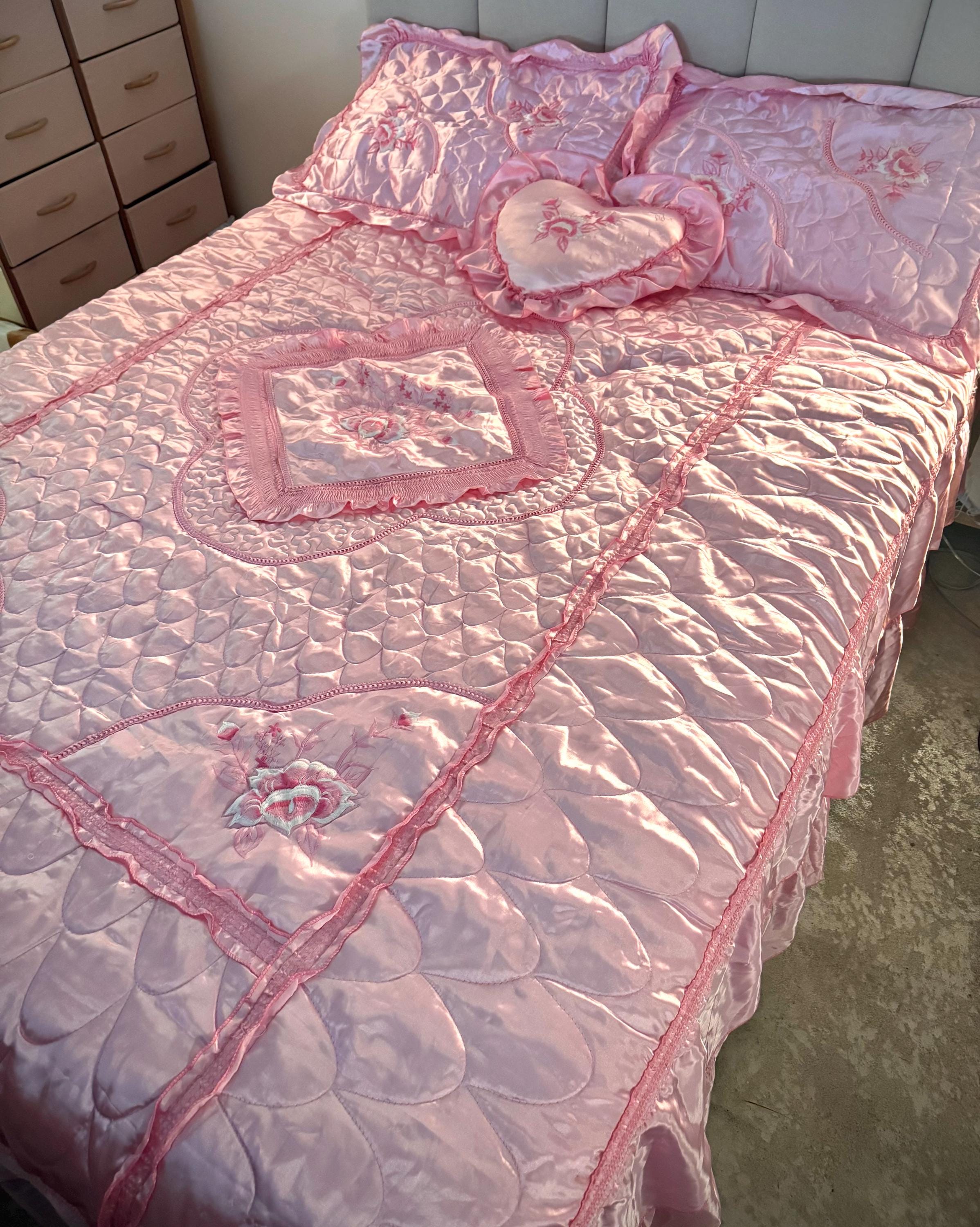Vintage Pink Satin Embroidered Bedspread Set | Queen or Full