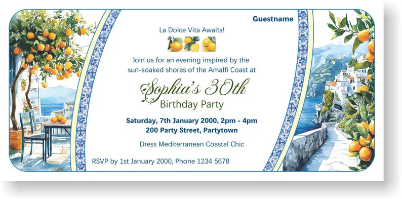 Amalfi Coast Invitation Template, Printable Party Invite (PDF & Canva ...