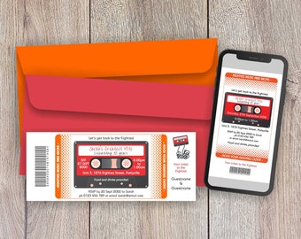 Kassette Tape Ticket Einladung Vorlage für eine 80er Jahre Mottoparty, bearbeiten und dann drucken oder digital verschicken
