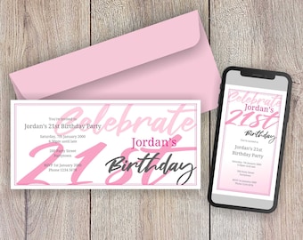 Pink 21st Birthday Invitation, Printable or Smartphone (PDF file)