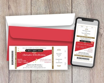 Red Carpet Ticket Invitation, Hollywood Glamour Party (PDF & Smartphone)
