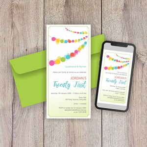 May include: A colorful invitation with a string of lights design for a 21st birthday party. The invitation says "Jordan's Twenty First" and includes the date, time, location, and dress code. RSVP information is also included.