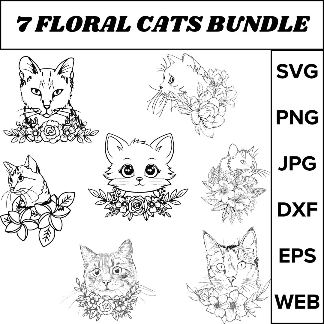 Floral Cat Svg Bundle\cat With Flowers Svg\floral Cat Shirt Svg\floral ...