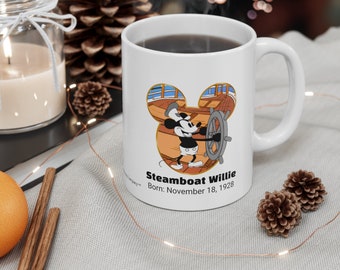 Taza de cerámica Steamboat Willie de 11 oz. Taza original de Mickey Mouse con el personaje Steamboat Willie de Disney.