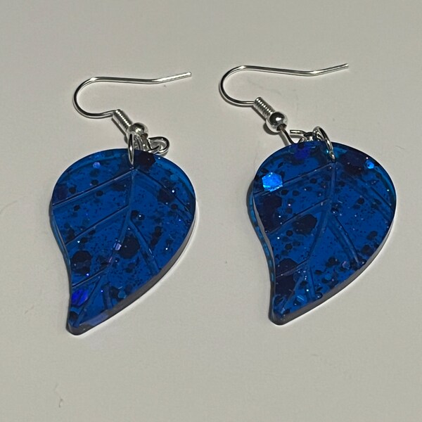 Resin Earrings! Blue leafs with pink glitter.