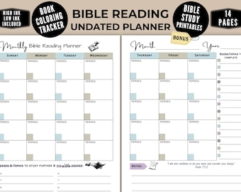 Bible Reading Planner & Tracker Printable, Undated Reading Plan and Log, 14-Page Scripture Study Pages + Bonus Bible Books Color-In Tracker