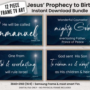 Art pour la télévision cadre histoire de Noël, mots d'art biblique 12 pièces, versets de la prophétie de Jésus à la naissance, économiseur d'écran, fond de scène de nuit étoile de la Nativité