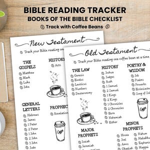 Könnte beinhalten: Zwei weiße Bibel-Lesetracker-Blätter mit schwarzem Text, Kaffeetassen-Illustrationen und dem Text "Bible Reading Tracker". Die Blätter liegen auf einer Holzoberfläche mit einem Stift, einem Notizblock und einer Kaffeetasse.