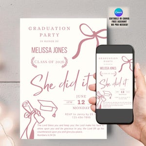 Invito alla laurea cristiana Coquette Bow, invito alla festa di laurea modificabile, She Did It, modello di laurea Canva per la classe del 2026