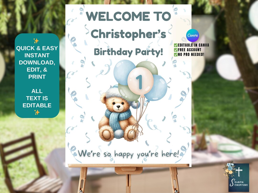 Editable Birthday Welcome Sign Boy, Blue Bear Balloon Party Poster ...