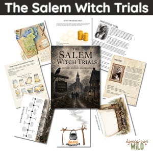 May include: A collection of educational printables titled The Salem Witch Trials: History, Mystery, and Lessons. The set includes a central book cover, character studies of Tituba and Sarah Good, a timeline, a map, and activity sheets for making butter and beeswax candles.