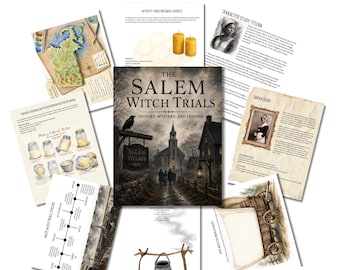 Puede incluir: Una colección de materiales educativos titulada The Salem Witch Trials: History, Mystery, and Lessons. El conjunto incluye una portada de libro central, estudios de personajes de Tituba y Sarah Good, una línea de tiempo, un mapa y hojas de actividades para hacer mantequilla y velas de cera de abeja.