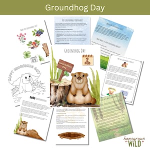 May include: A printable educational activity pack about groundhogs, featuring a coloring page, a fact sheet, and a word search. The pack includes illustrations of groundhogs, a calendar with the date February 2nd, and the text "Groundhog Day".