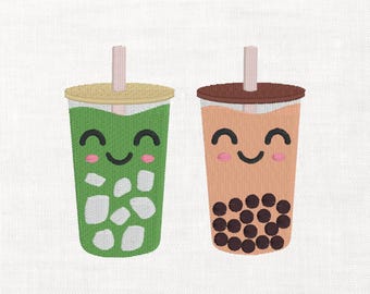 Archivo de bordado Kawaii Boba y té verde Matcha Comida japonesa Lindo archivo digital Archivo para máquina de bordar