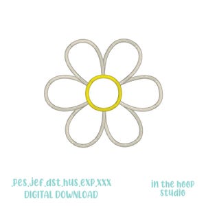 May include: A simple white daisy with a yellow center. This is a digital embroidery design for machine embroidery.