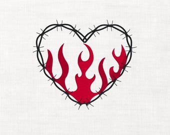 Barbed Wire Flaming Heart Machine Embroidery Digital Download Instant Download Files Gothic Flames 90s Embroidery