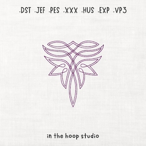 May include: A purple machine embroidery design featuring a symmetrical, interlaced line pattern on a white fabric background. The text .DST .JEF .PES .XXX .HUS .EXP .VP3 appears at the top, and the text in the hoop studio appears at the bottom.