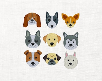 Conjunto de 9 rostos de cachorros para bordado à máquina - Download digital instantâneo - Arquivo de bordado para download instantâneo - Beagle, Husky, Pug, Terrier, Buldogue Francês