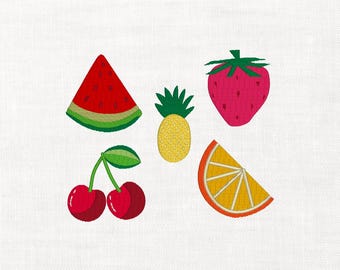 Conjunto de ícones de frutas para bordado à máquina, download digital instantâneo: morango, laranja, abacaxi, cereja e melancia.