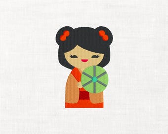 Archivo de bordado de muñeca Kokeshi, kimono de muñeca japonesa, archivo digital de niña Kokeshi, archivo para máquina de bordar