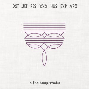 May include: A purple machine embroidery design featuring a symmetrical geometric pattern of horizontal lines and curved shapes. The text .DST .JEF .PES .XXX .HUS .EXP .VP3 appears at the top, and the text in the hoop studio is at the bottom.