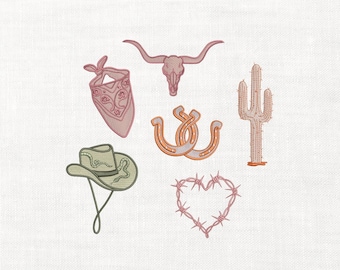 Conjunto de ícones de cowboy e cowgirl para bordado à máquina, download digital instantâneo. Inclui chapéu engraçado, chapéu de cowboy, cacto, arame farpado e coração.