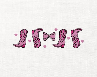May include: An embroidery design featuring four pink cowgirl boots with darker pink patterns, a central pink bow, and small pink hearts. The text .DST .JEF .PES .XXX .HUS .EXP .VP3 appears at the top, and in the hoop studio at the bottom.