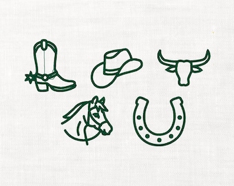 Conjunto de ícones do Texas Western para bordado à máquina, download digital instantâneo, arquivos para download, chapéu engraçado, chapéu de cowboy, cavalo, ícones do sul.