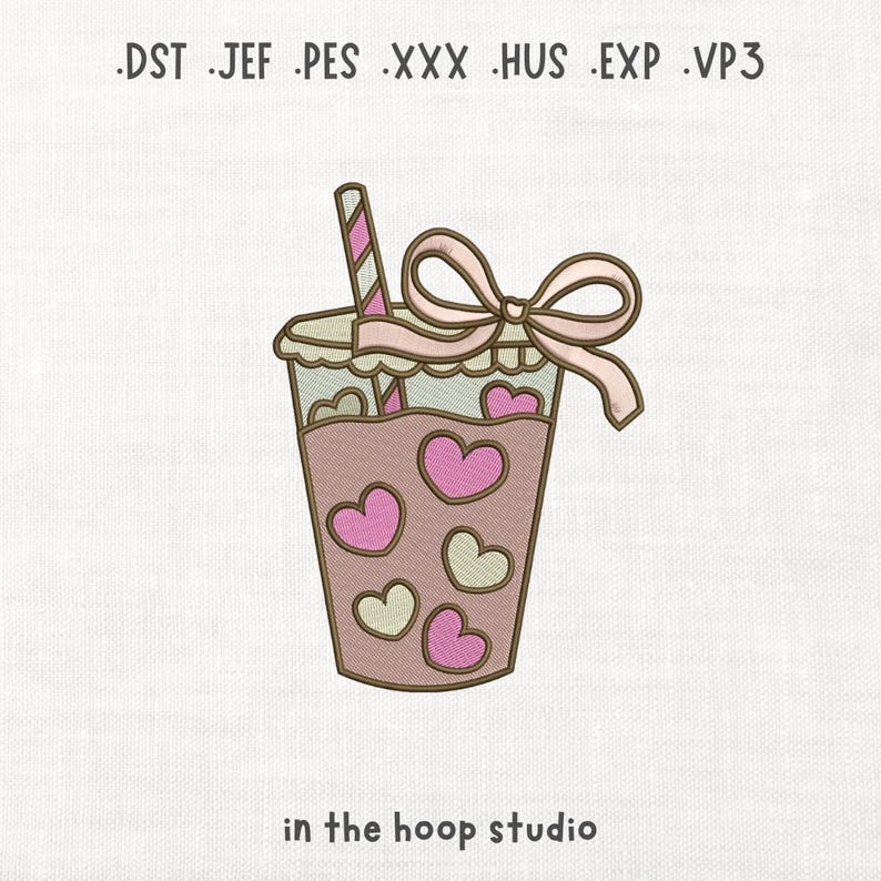 Bordado a máquina "Latte of Love" Descarga digital Archivos de descarga instantánea Ilustración Kawaii de amante del café helado con leche Barista imagen 1