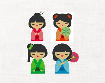 Conjunto de 4 arquivos de bordado para boneca Kokeshi, boneca japonesa de quimono, arquivo digital para máquina de bordar, estilo kawaii.