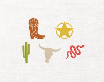 Conjunto de ícones do Velho Oeste para bordado à máquina, download digital instantâneo, arquivos para download. Ícones do Texas, chapéu de cowboy, cobra do Velho Oeste, cacto. 2 tamanhos.