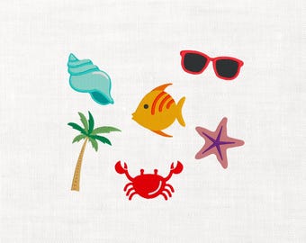 Conjunto de ícones de diversão na praia no verão para bordado à máquina - Download digital instantâneo - Arquivos para download - Óculos de sol, caranguejo, concha, palmeira, peixe