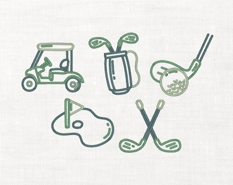 Conjunto de ícones de golfe para bordado à máquina, 3 tamanhos, download digital instantâneo, arquivos para download. Inclui imagens de um caddie, tacos de golfe e um carrinho de golfe.