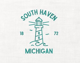 Arquivos digitais para bordado à máquina com o tema "Verão em South Haven" - Download instantâneo - Camisetas de férias de verão com farol na praia em Michigan.