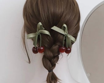 Bow with Cherry Hair Clip - Hair ties-Cute Hair Accessory - for girl for women - 2pcs
