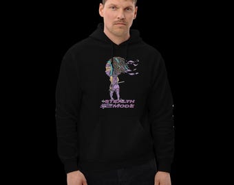May include: A black hooded sweatshirt featuring a graphic of a purple cartoon character with blue hair and a sword. The text "STEALTH MODE" is printed below the character.